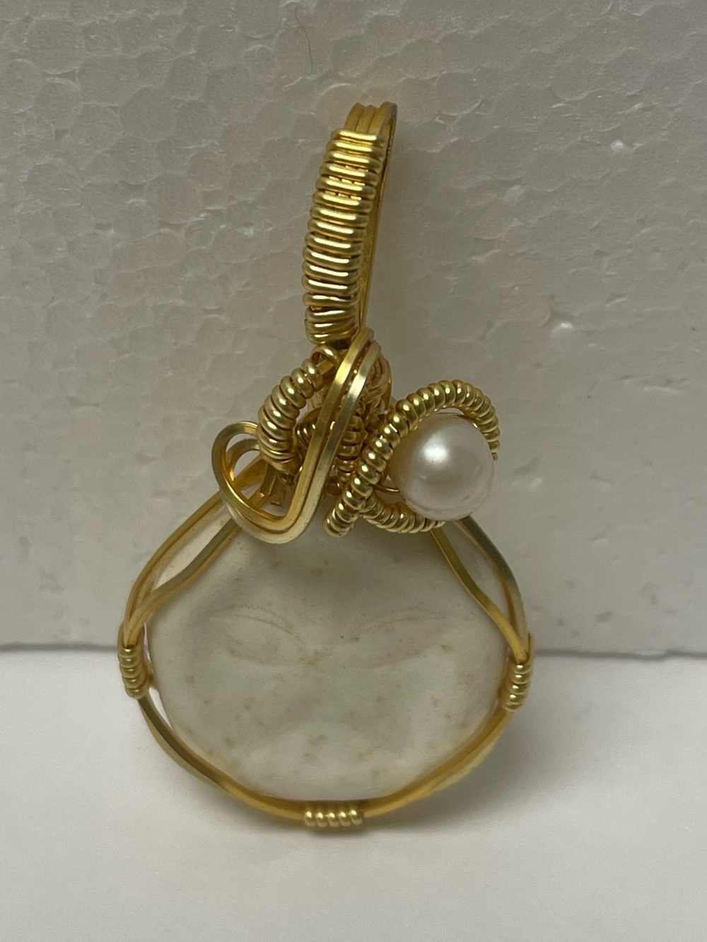 Gold Tone Wire Wrapped Sand Dollar and Fresh Water Pearl Pendant 2”